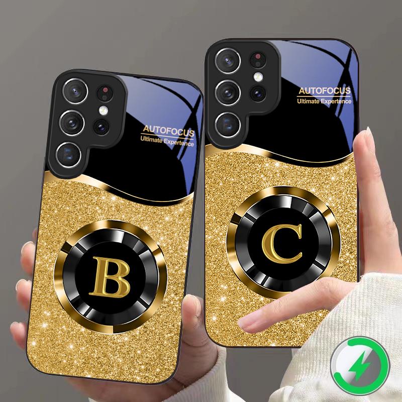 Circular golden letters For Samsung S26 S20Ultra S21 Pro S22 Plus S23 FE S24 Ultra S25 Edge For Magsafe Glass Phone Case