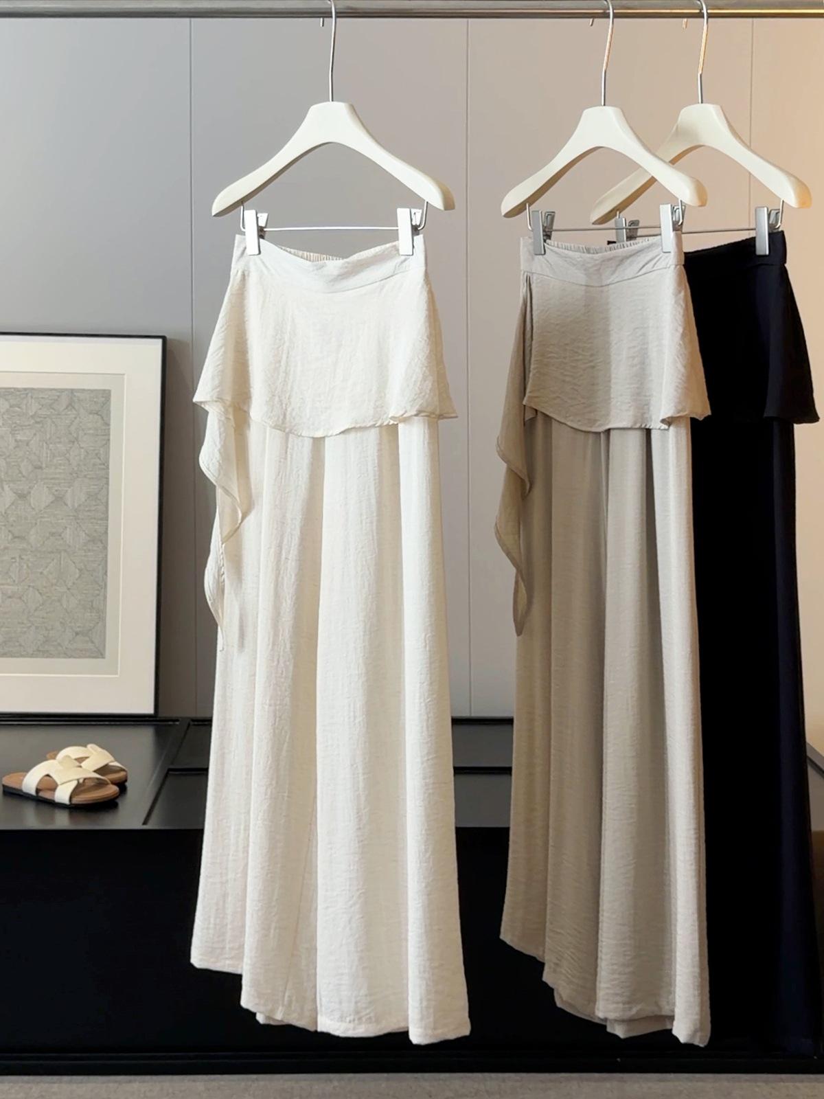 Women s High Waist Wide Leg Pants Ruffle Fake Two Piece Linen Blend Casual Trousers M абрикосовый