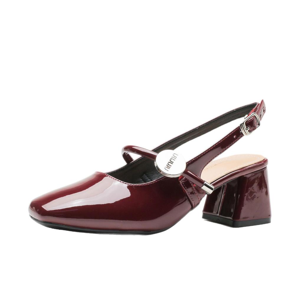 Leather 6CM Bag-toe Sandals for Women Mary Jane Fairy Style Summer Mid-heel French One-length Strap Thick Heel Short Shoes