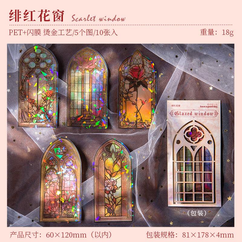 10pcs Glazed flower window series stickers retro hand account European style flower window bronzing PET material stickers