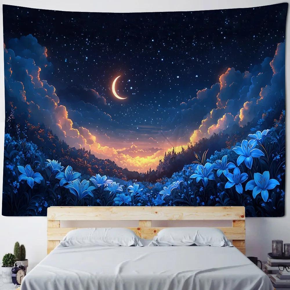 Dreamy Starry Sky Landscape Tapestries Moon Stars Hippie Home Decor Bedroom Dormitory Wall Hangings Artistic Backgrounds