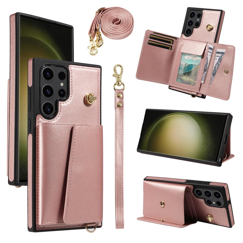 For Samsung Galaxy S23 Ultra Crossbody Phone Case Card Holder Kickstand Leather Coated TPU Mobile Cover