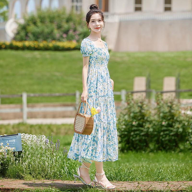 Women's Floral Print Square Neck Puff Sleeve Tie-Waist Midi Dress