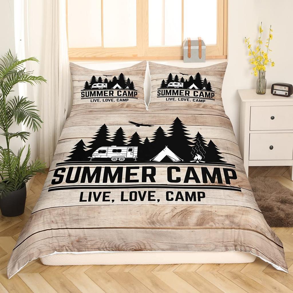 Camping Bedding Set Twin King Full Size For Teens Adult Duvet Cover Happy Camping Comforter Cover 3 Pieces With 2 Pillowcase
