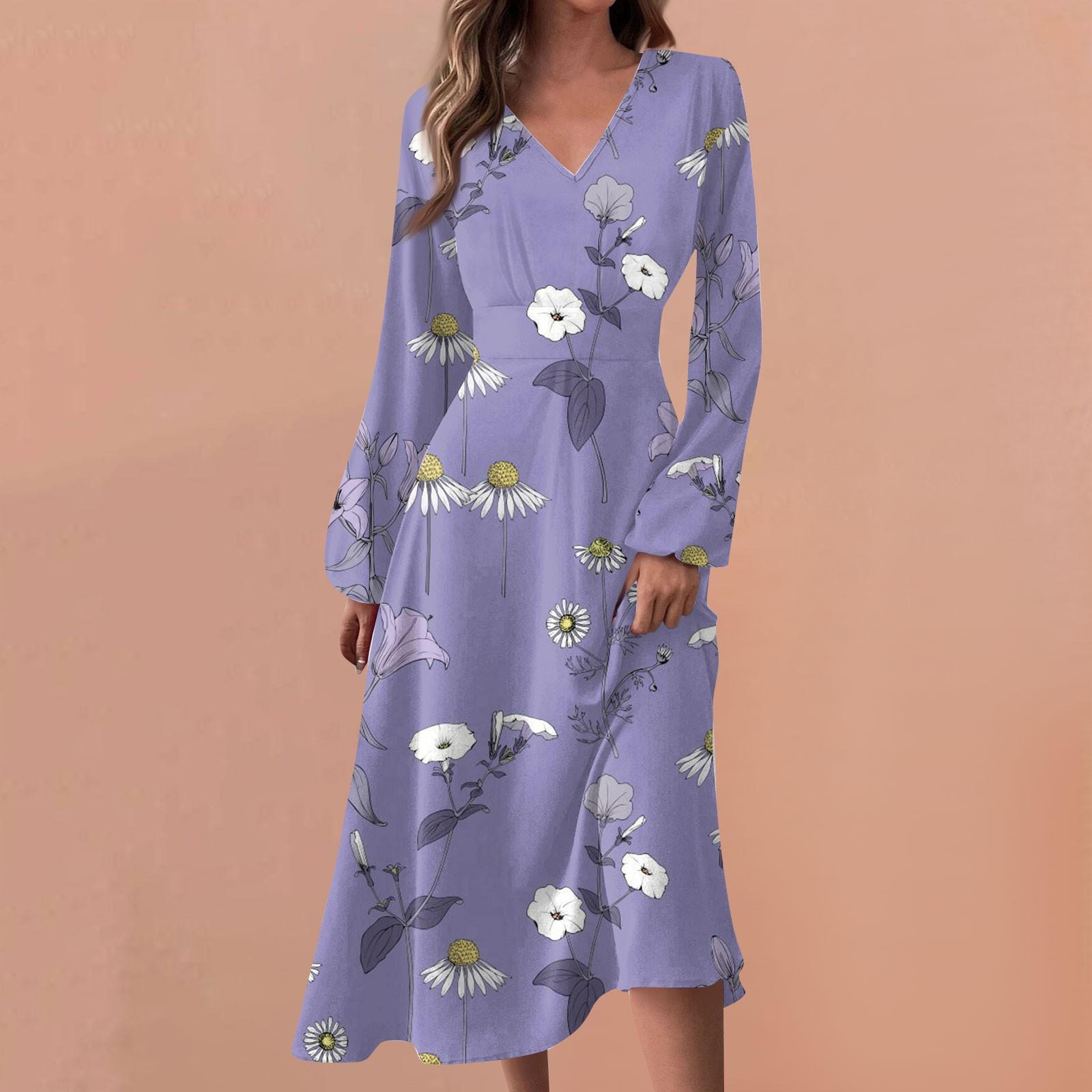 

Женские весенне-осенние повседневные модные длинные платья с v-образным вырезом и длинным рукавом с цветочным принтом L