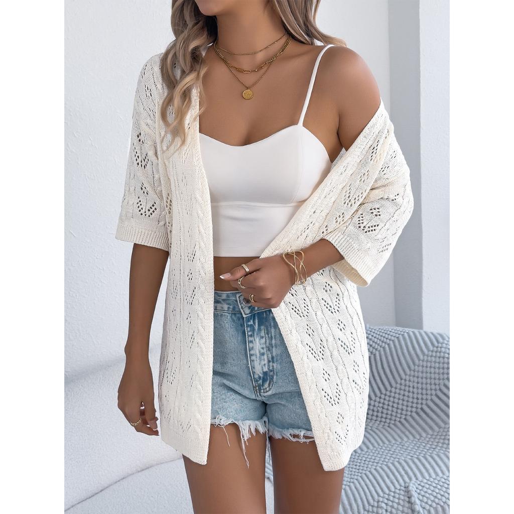 Women's Fashion Jacket Solid Color Short Sleeve Knitted Cardigan Holiday Sunscreen Shirt
