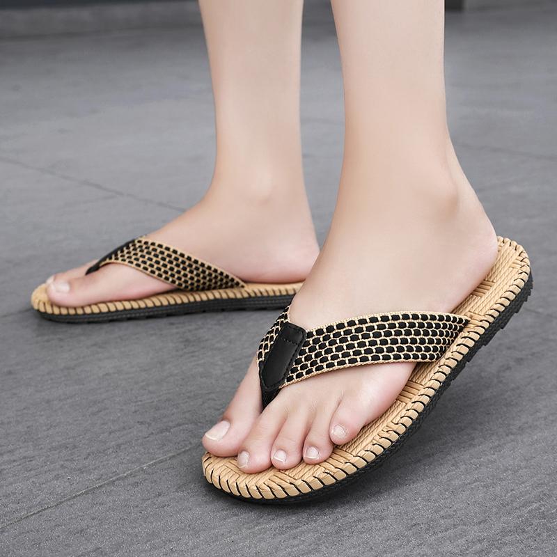 Cheap Summer Linen Slipper Men Indoor Home Shoes Lightweight Weaving Flip flops Men Bedroom Shoes Silent Casual Flip-flops Man