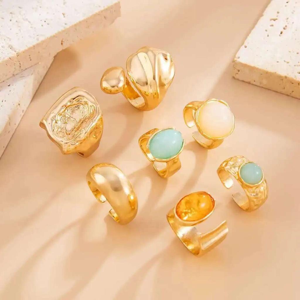 Salircon 7Pcs/Set Trendy Colorful Crystal Open Rings for Women Luxury Chunky Finger Rings Fashion Banquet Jewelry Accessories