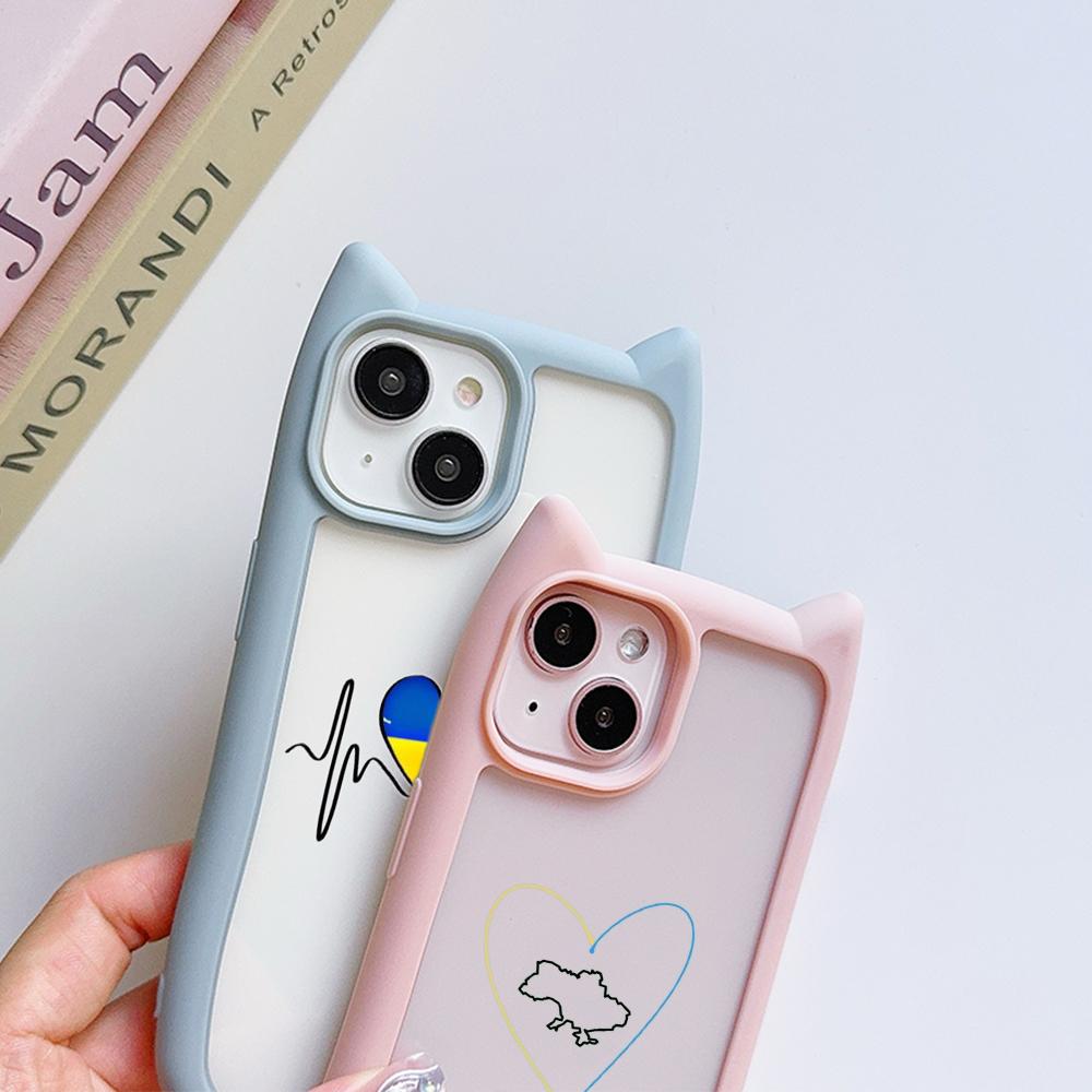 Soft Cat Ear Phone Cases for iPhone 16 15 13 12 11 Pro Max 14 Plus XR XS Max TPU Anti-Drop Transparent Acrylic Back Cover N88 Love Design