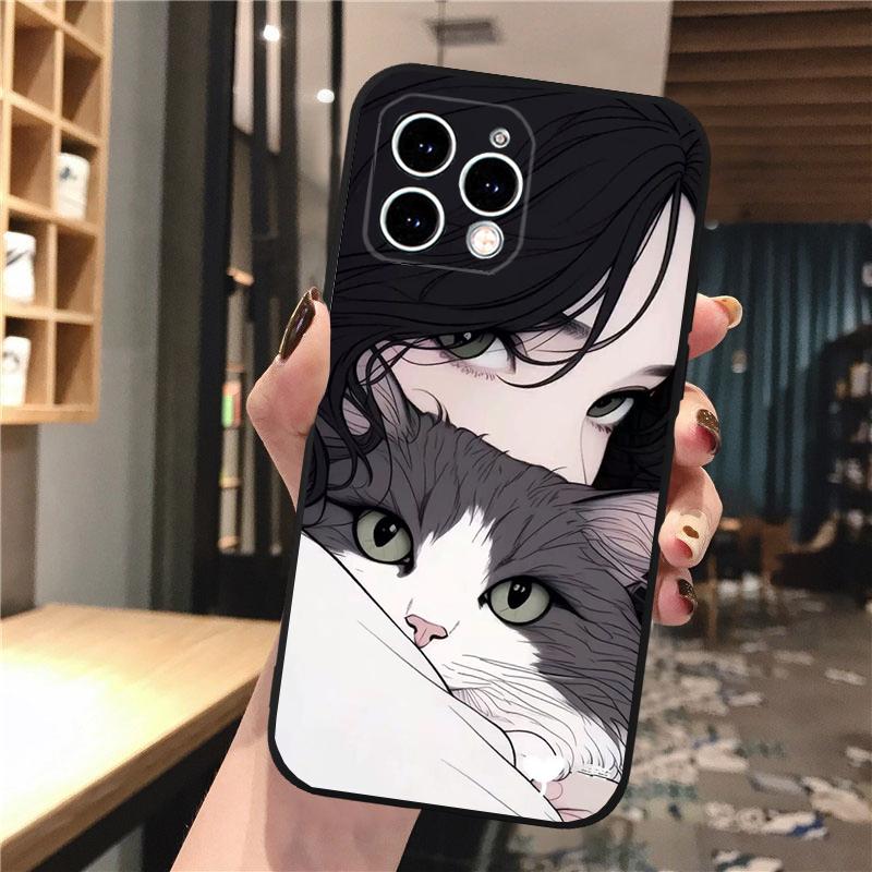 Anime Girl Woman Holding a Cat Phone Case For iphone 16 15 14 Pro Max 16 15 14 13 12 Pro 15Plus iphone 11