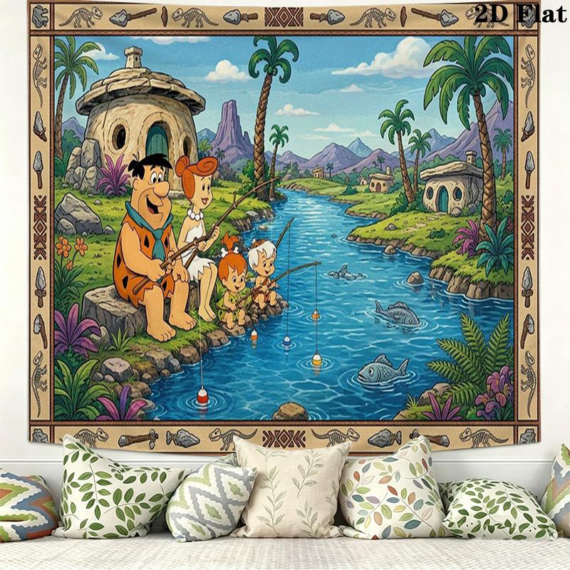 The Flintstones Cartoon Wall Tapestry Aesthetic Wall Hanging Printed Fabric Blanket Decorative Tapestries for Bedroom Living Room Home Decor