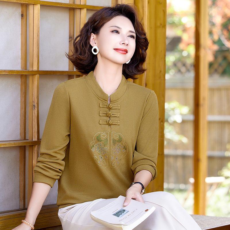 Mamas Herbst Stehkragen Langarm Bluse - Eleganter Nationalstil für Frauen mittleren und höheren Alters