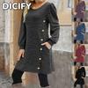DICFY Women's Fashion Autumn Winter Solid Color Print Long Sleeve O-Neck Casual Dresses