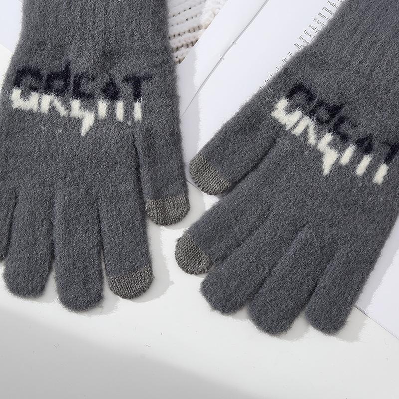 Touchable Screen New Autumn and Winter Men's Knitted Warm Gloves Cycling Cold Proof Letters Jacquard Cycling Fingers Five Fingers