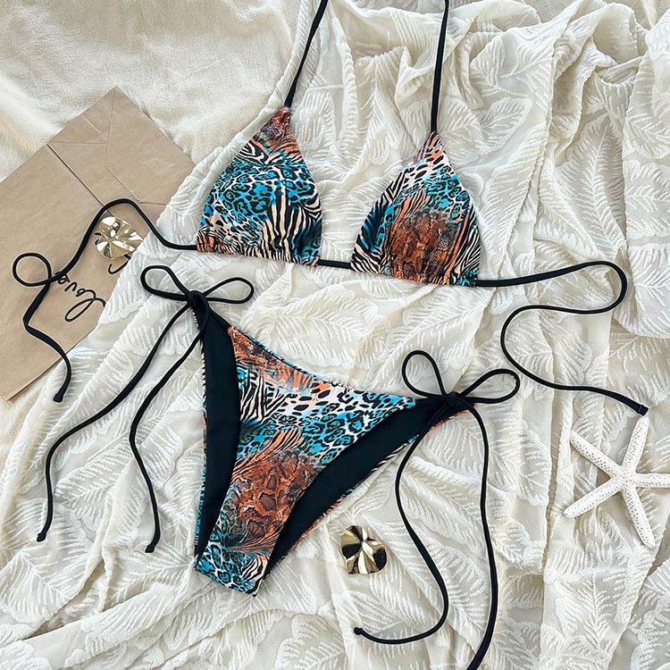 Women’s Leopard Print Bikini Swimsuit, Sexy Halter Backless Tankini Bathing Suit Two-Piece Tie Side Swimwear