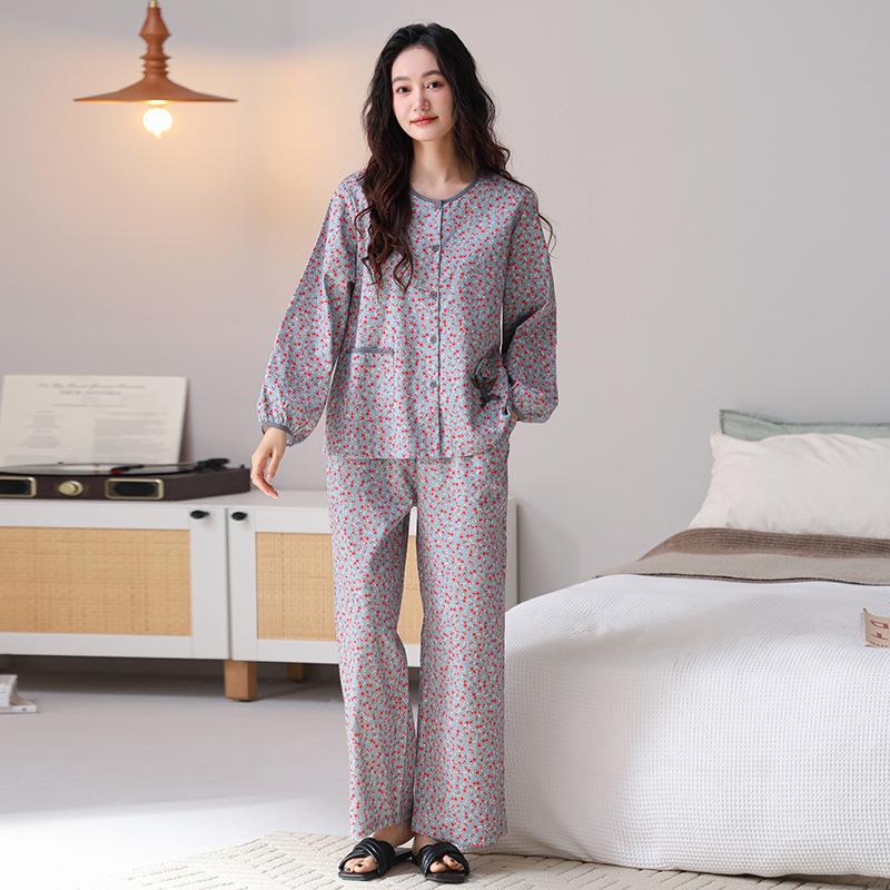 Pajamas Women's Spring and Autumn Woven Cotton Gauze Long-sleeved Small Floral 1011 New Pure Cotton Autumn Thin Loungewear
