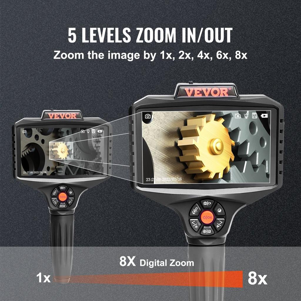 Triple Lens Inspection Camera with Light, 5" IPS Screen Industrial Borescope, 8X Zoom 1080P HD Split Screen, 10 LED Lights Scope Camera for