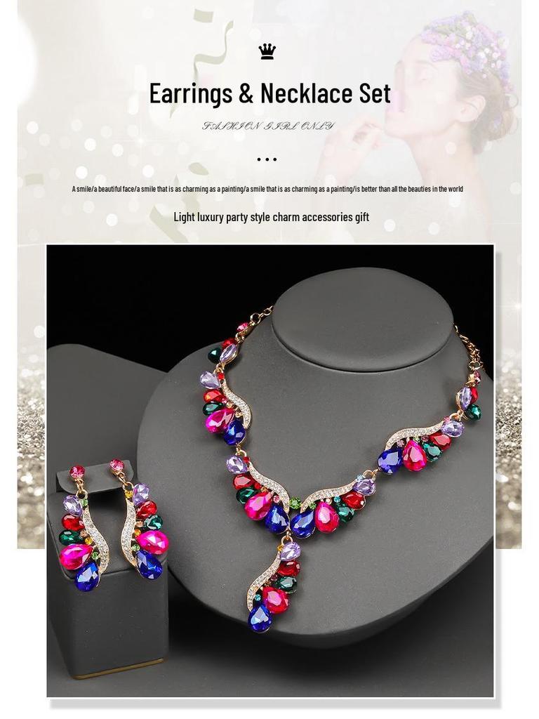 Luxury European & American Teardrop Gemstone Jewelry Set: Necklace and Earrings for Evening Banquets