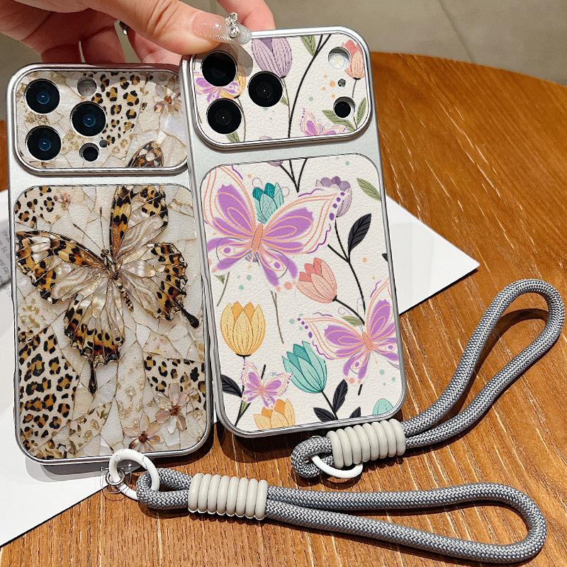 Butterfly Print Leather Lanyard Case For iPhone 18 Pro Max 17 16 15 14 13 Pro Max Luxury Hybrid TPU+PU Anti-skid Soft Phone Cover