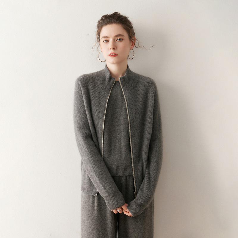 Primo Sguardo Ipnotizzante: Cardigan a maglia larga da donna con colletto alto in cashmere e doppia zip