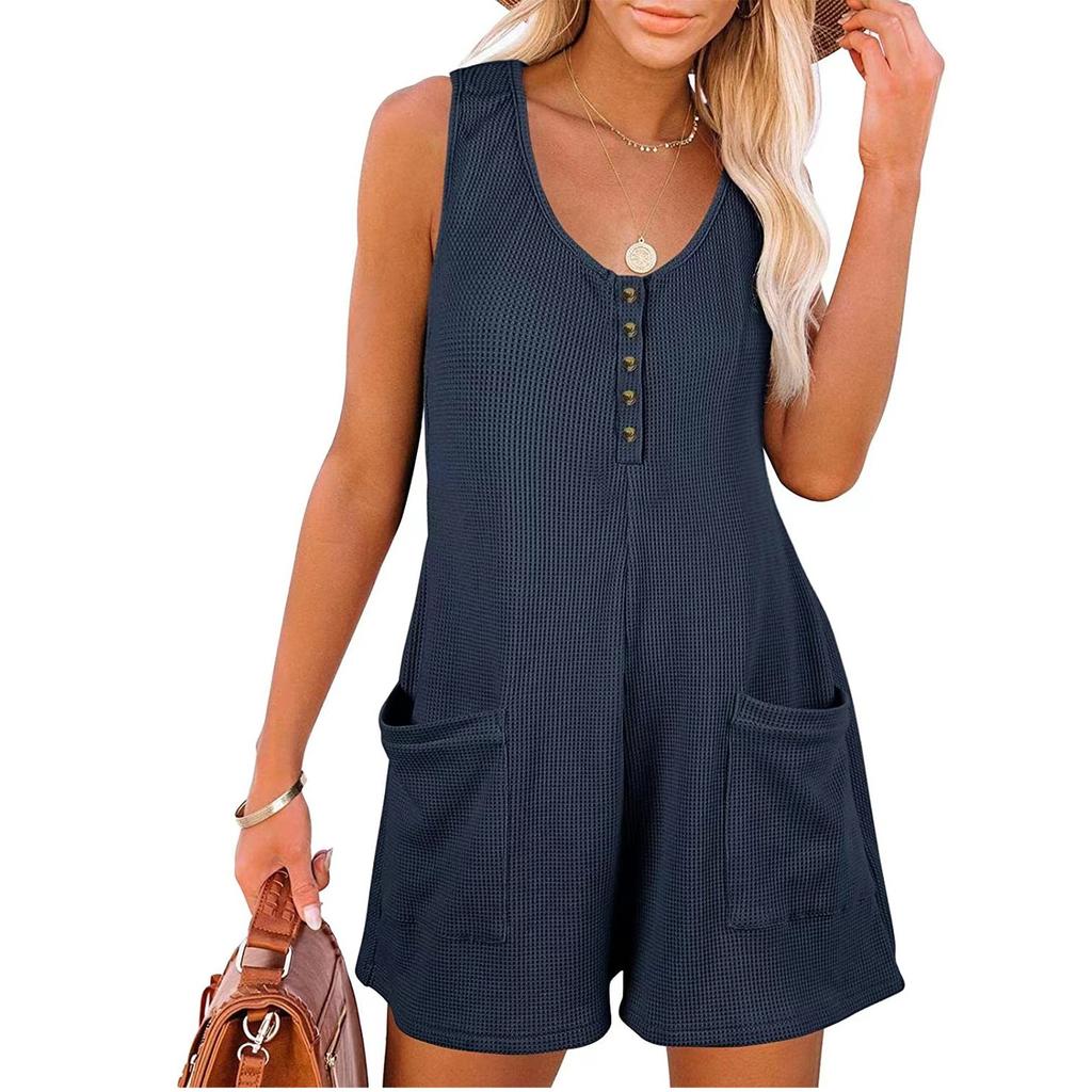 Dame Casual Rund Hals Med Lommer Ærmeløs Knaplukning Tanktop Jumpsuit Shorts Rompers