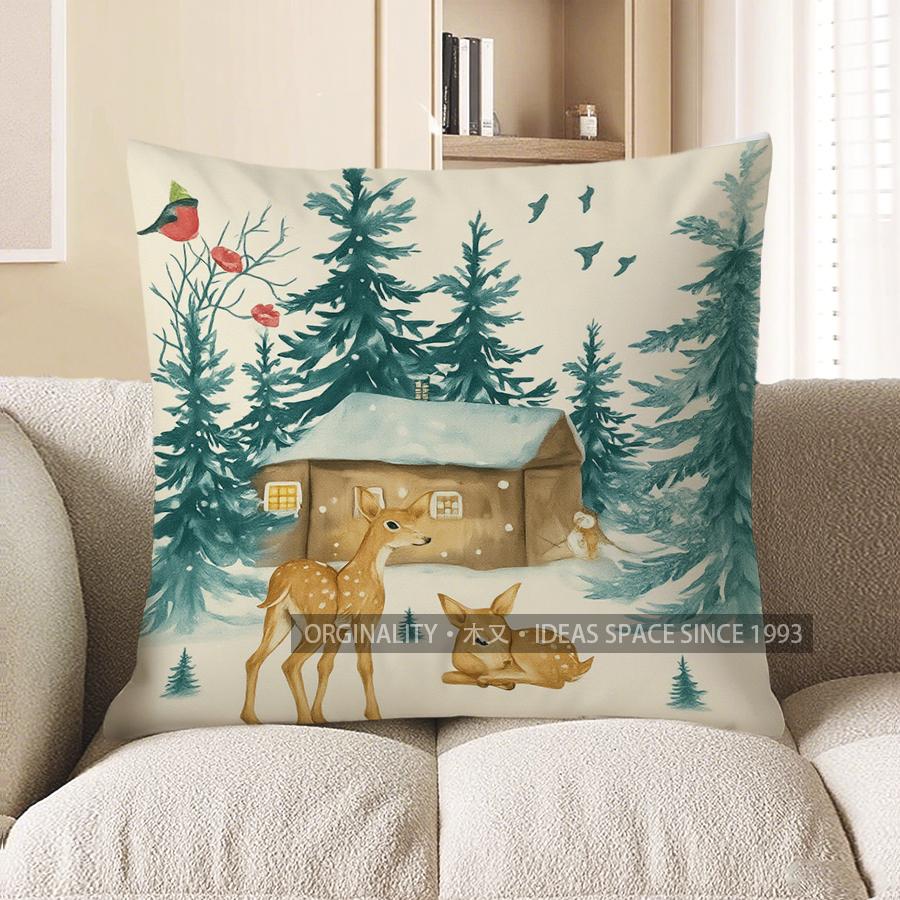 Home Decor Hello Winter Squirrel Pine Tree Pillow Cover Pattern Cushion Cover Suitable For Sofa Bedroom Car Pillow Cover