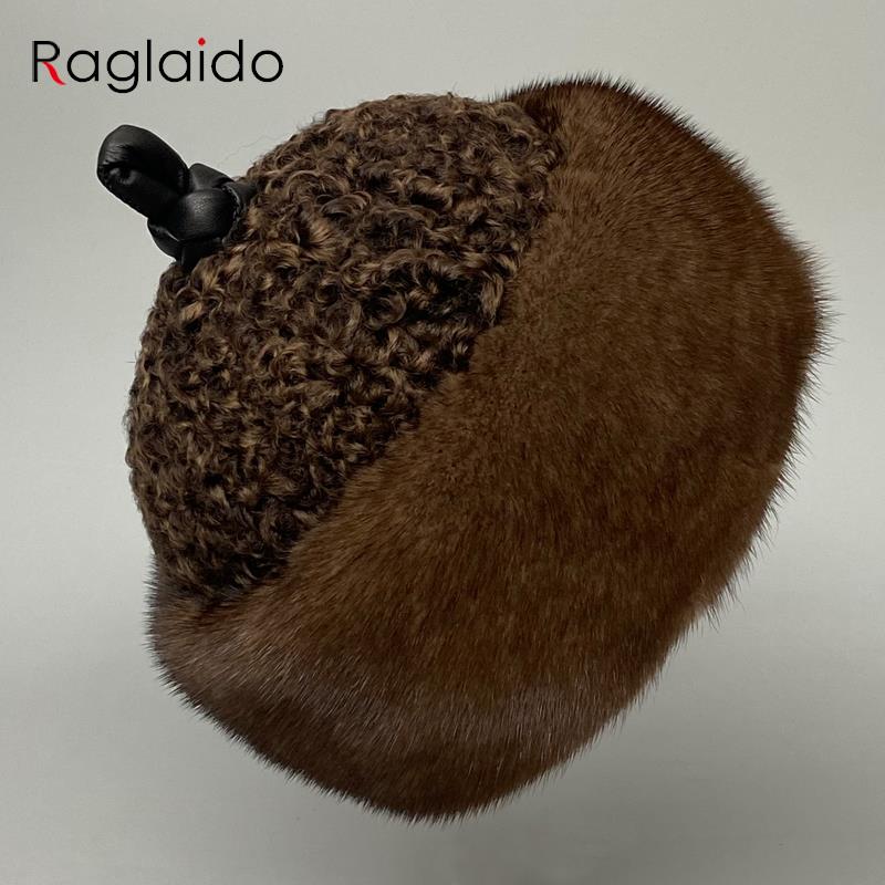 Luxury Warm Man Hat Adjustable Natural Mink Fur Lamb Mongolian Hat