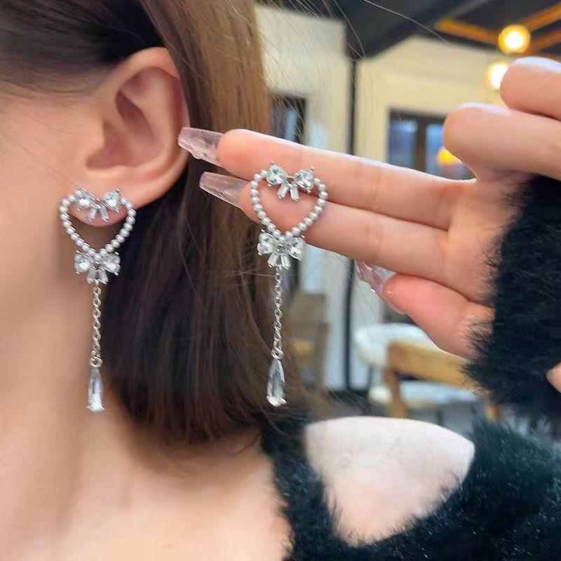 2023 Trendy Pearl Heart Bow Tassel Earrings - Fashion Ear Accessories