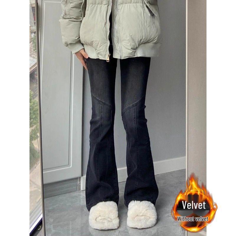 Retro Black High-Waisted Micro-Flare Velvet Jeans for Women - Trendy, Slim-Fit, Elastic Winter Pants