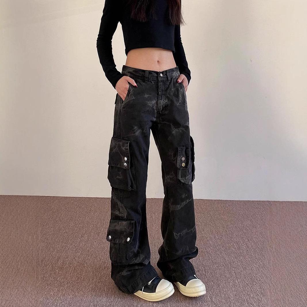 

2024 Spring/Summer Women s Multi-Pocket Wide-Leg Workwear Jeans 3XL