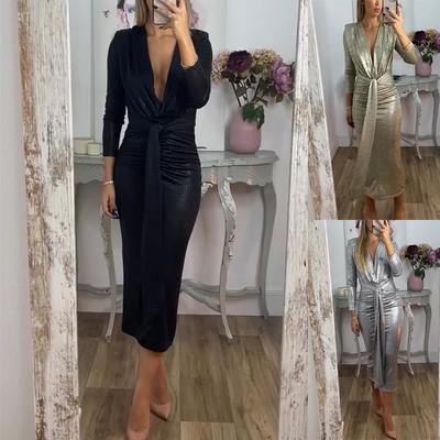 Women's Autumn and Winter Sexy V-neck Dress Solid Color Gold-toned Tight Hip-pack Skirt
