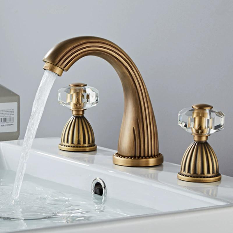 Tuqiu Gold Bathroom Faucet Widespread Sink Tap Brass Antique Basin Faucet Black Lavotory Faucet 3 Hole Hot & Cold Water Tap