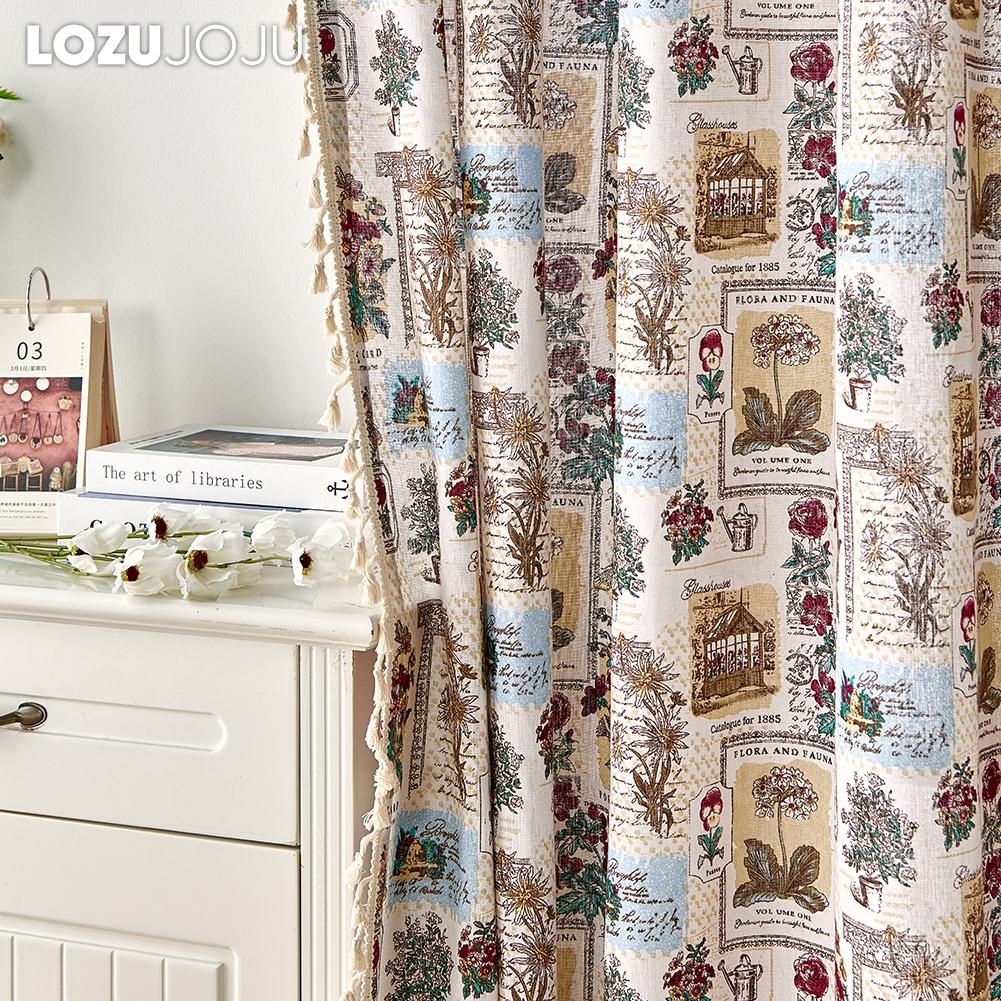 1PC LOZUJOJU Semi Blackout Cotton Linen Printed Curtain Retro Style Tassel Curtain for Small Windows Balcony Bedroom Living Room Home Decor