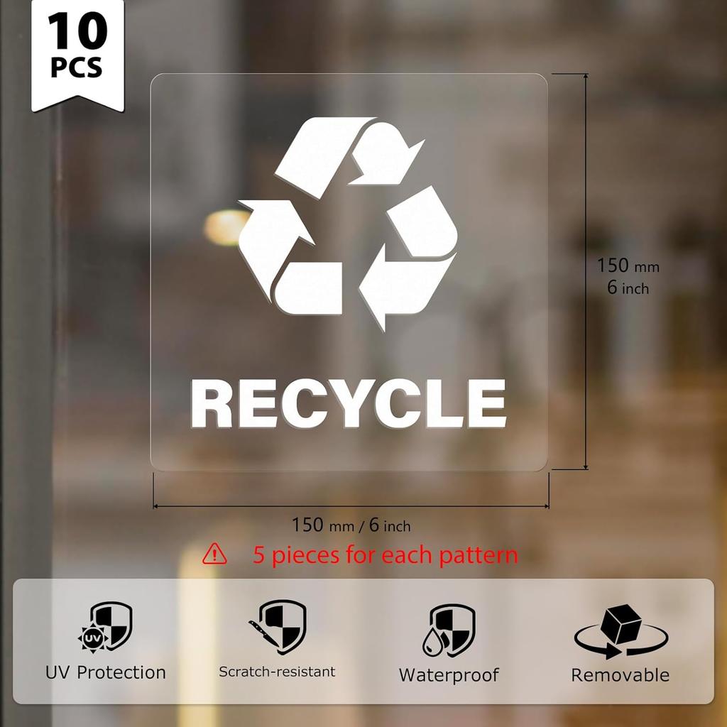 10 Pack Recycle and Trash Square Stickers 6 × 6 Inches White Vinyl Transparent Recycling Bin Decals Self Adhesive Waterproof UV Resistant Sign for