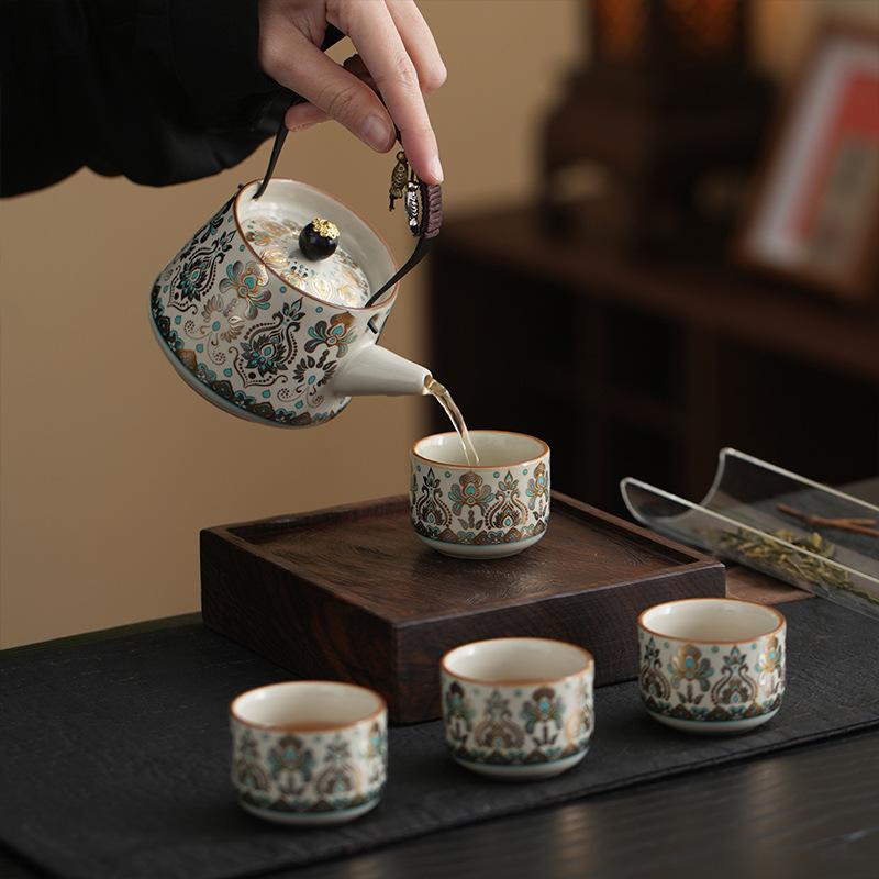 Ru Kiln Lifting Beam Pot Tea Set, One Pot and Four Cups of Retro Dunhuang Gold and Silver Wrong Tea Set, Company Gift Accompaniment
