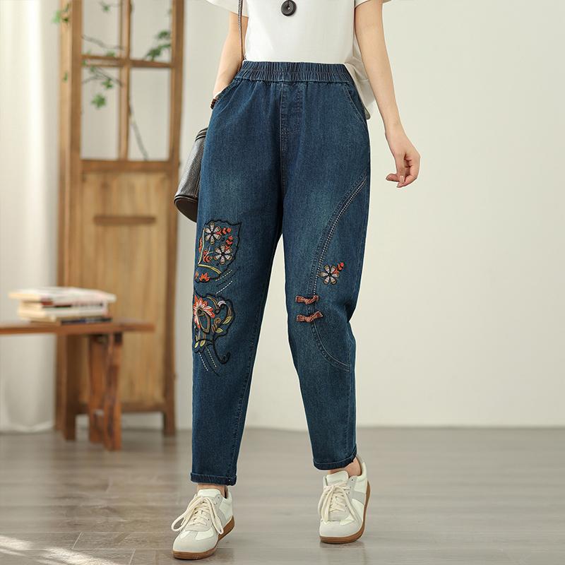 Blugi de vară pentru femei, talie înaltă, stil denim, subțiri, broderie vintage, pantaloni harem, mărime plus