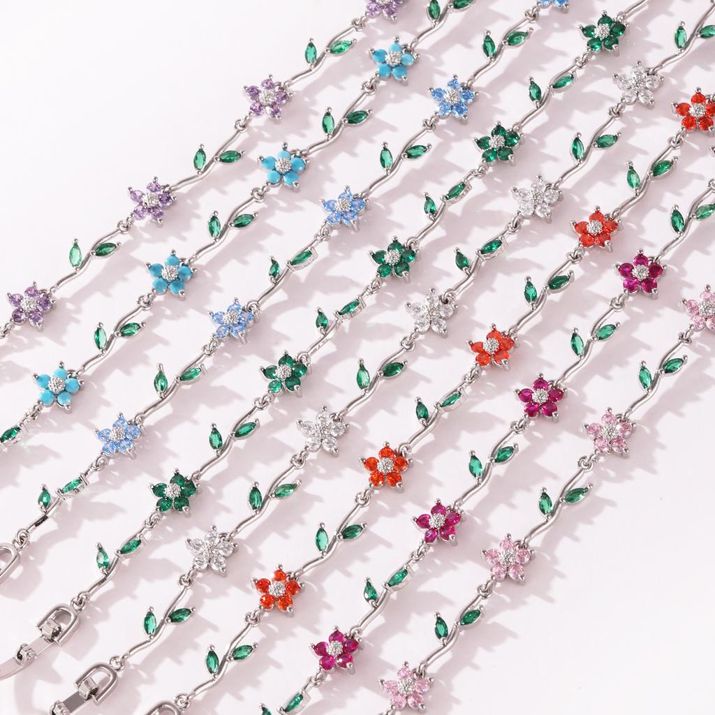 Elegant Multiple Color Flower Charm Zircon Branch Leaf Bracelet Dopamine Niche Sense 18K Gold Plated Women's Bangle Gifts 2