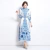 Frühling Herbst Damen Vintage Print Blau und Weiß Porzellan Laufsteg Kleider Langarm Einreiher Lang Maxi Party Hemdkleid