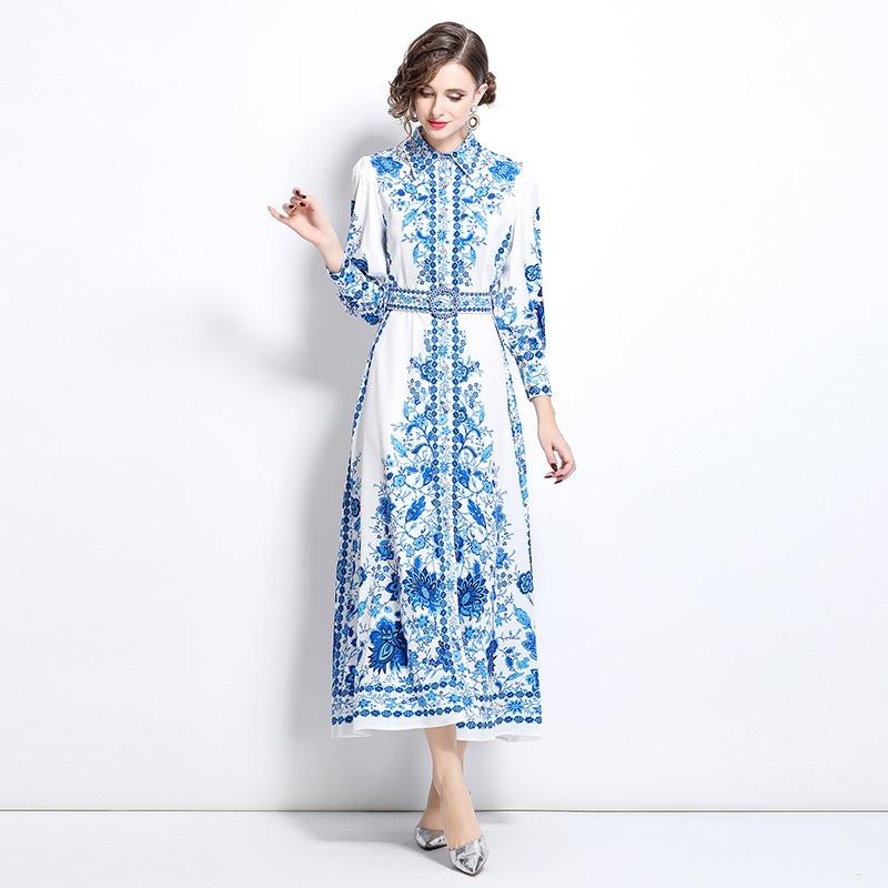 Frühling Herbst Damen Vintage Print Blau und Weiß Porzellan Laufsteg Kleider Langarm Einreiher Lang Maxi Party Hemdkleid