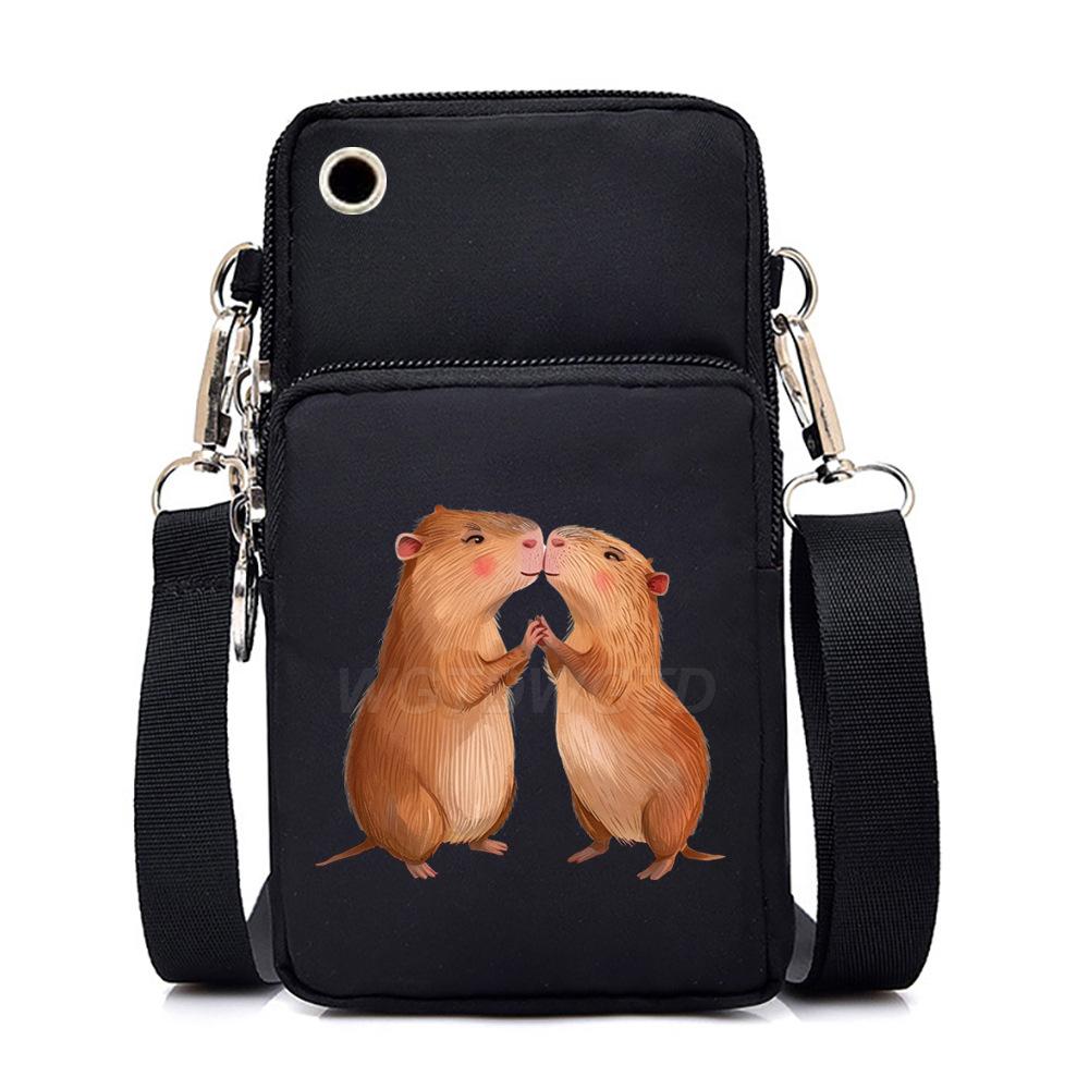 Multifunctional vertical black shoulder bag printed cartoon casual men's and women's portable mobile phone bag messenger bag
