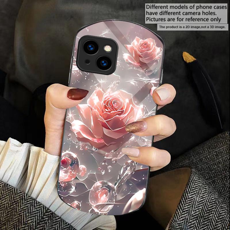 Ice crystal-colored roses For iPhone 17 16 15 14 Pro 13 Plus 12 mini 11 Pro Max XR X S 7 8 Elliptical Tempered Glass Phone Case