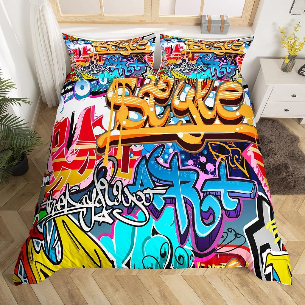 Hippie Graffiti Duvet Cover Hip Hop for Kids Teens Adults Wall Urban Street Art Theme Polyester Quilt Cover Bedroom Decorations