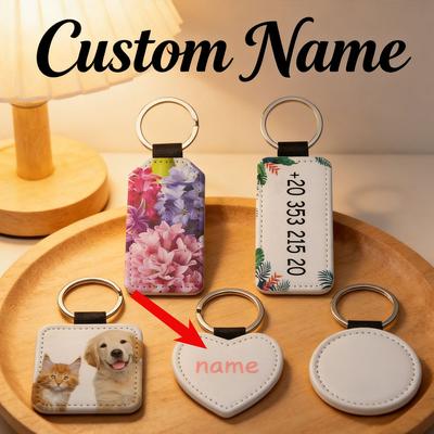 Custom Logo Keyring Print Text Name Family Pet Photos Cartoon Key Ring Chain Personalize Pu Leather Keychain Pendant White Gift