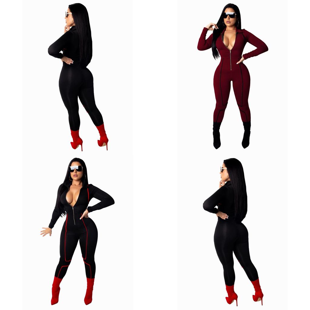 Elegant Fashion Lapel Tight-fitting Jumpsuit Sexy Woman Long Sleeve Playsuits Bodysuit