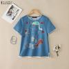 Women Casual Round Neck Loose Summer Short Sleeve Print Blouse