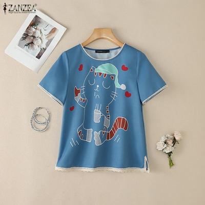 Blusa de Verano Casual para Mujer con Cuello Redondo, Holgada, de Manga Corta Estampada