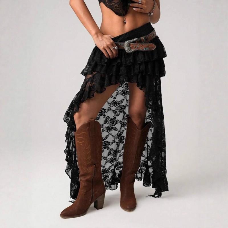 Sexy Lace Mini Skirt Women Denim Style Irregular Hem Trendy Streetwear