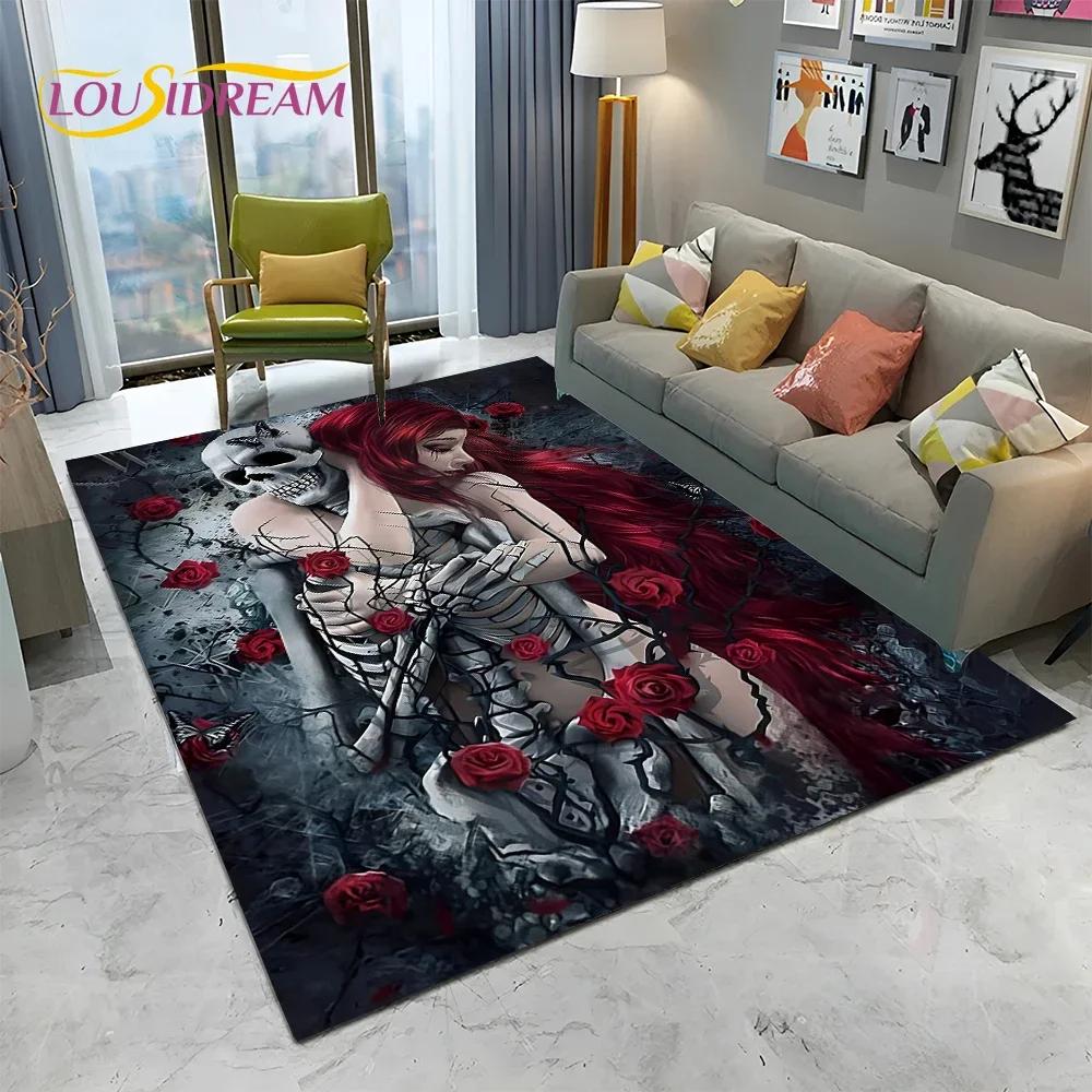 Horror Gothic Female Skull Dead Girl Teppich Teppich für Zuhause Wohnzimmer Schlafzimmer Sofa Fußmatte Dekor, Kinderbereich Teppich rutschfeste Bodenmatte