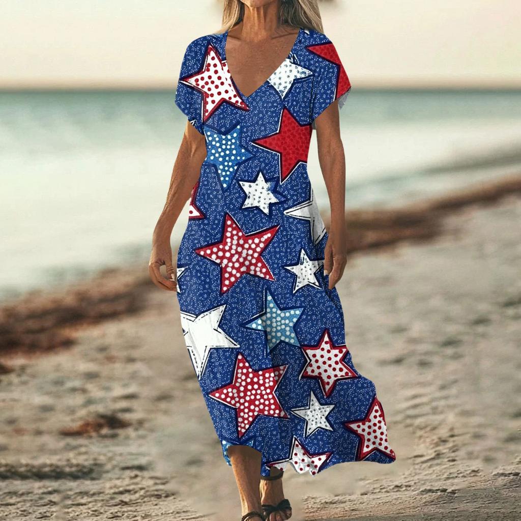 Sommerkleid Damen Lang Strandkleid Elegantes Kleid V-Ausschnitt Kurzarm Sommerkleid Leicht Luftig