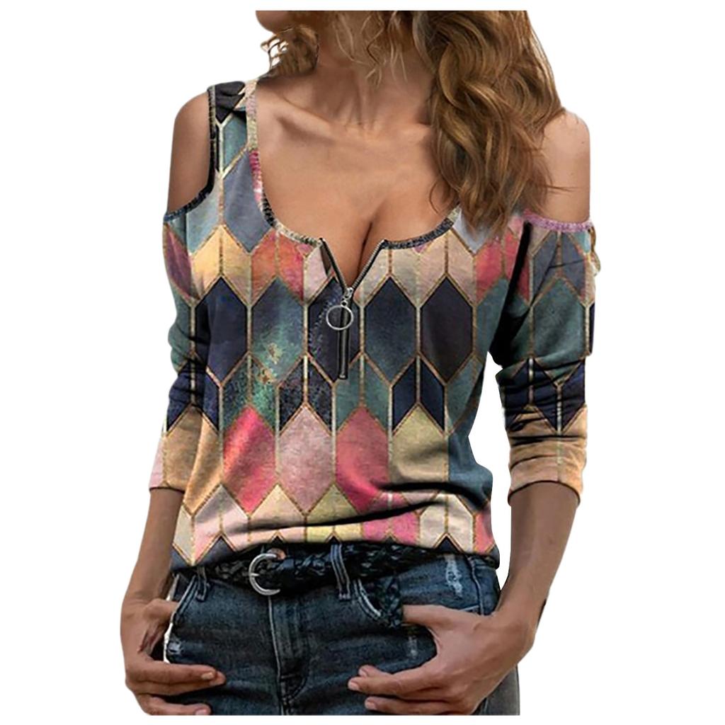Fashion Women Lapel Geometric Print Zipper Long Sleeve Casual Blouse T-shirt Top